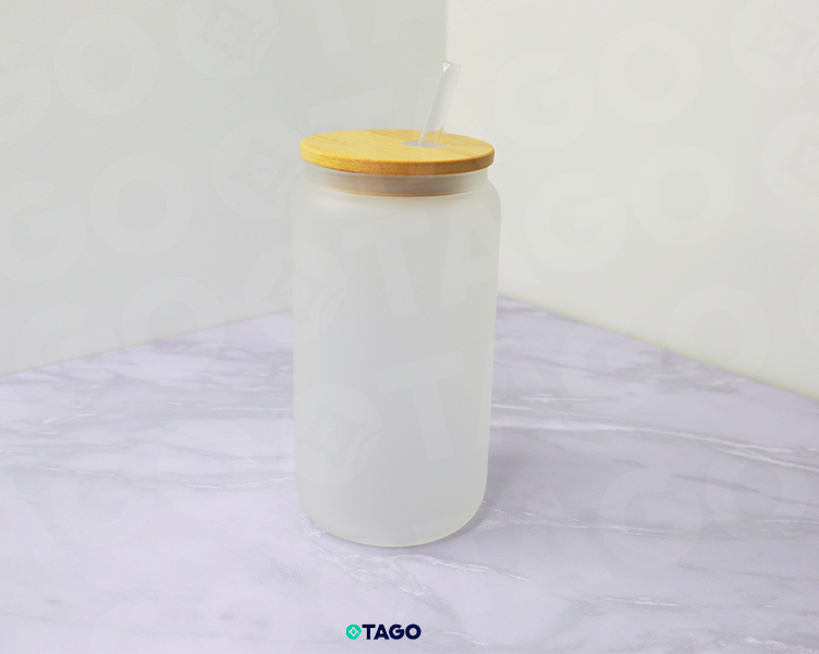 Vaso Lata de 16 oz con tapa de bambú - Sublimable Frosted