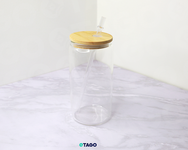 Vaso Lata de 16 oz con tapa de bambú - Sublimable transparentes