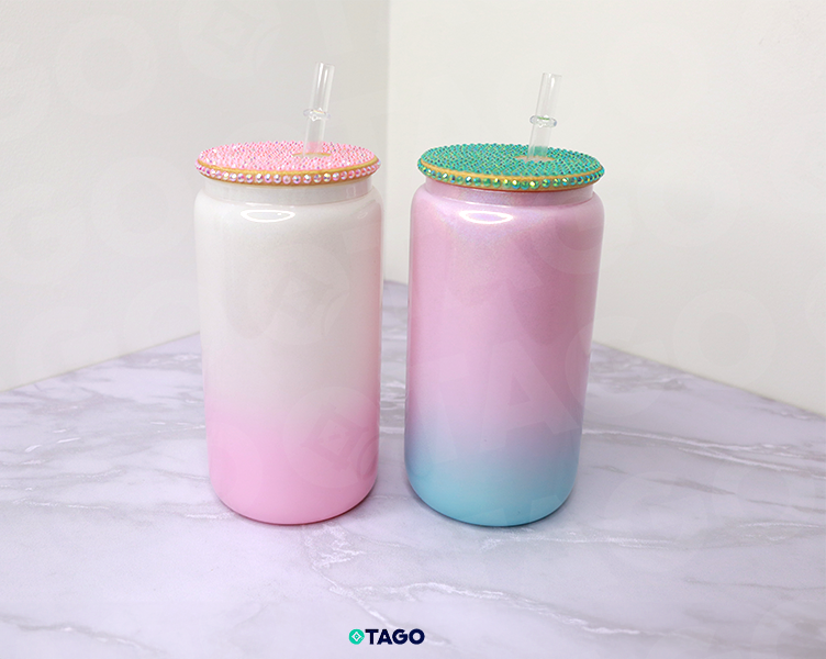 Vaso Lata de 16 oz con Tapa de Bambú - Sublimable de Color Degradado Glitter