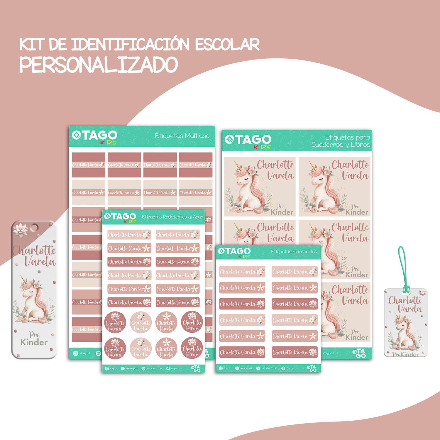 Kit de Identificación Escolar Personalizado - Flores y Unicornio
