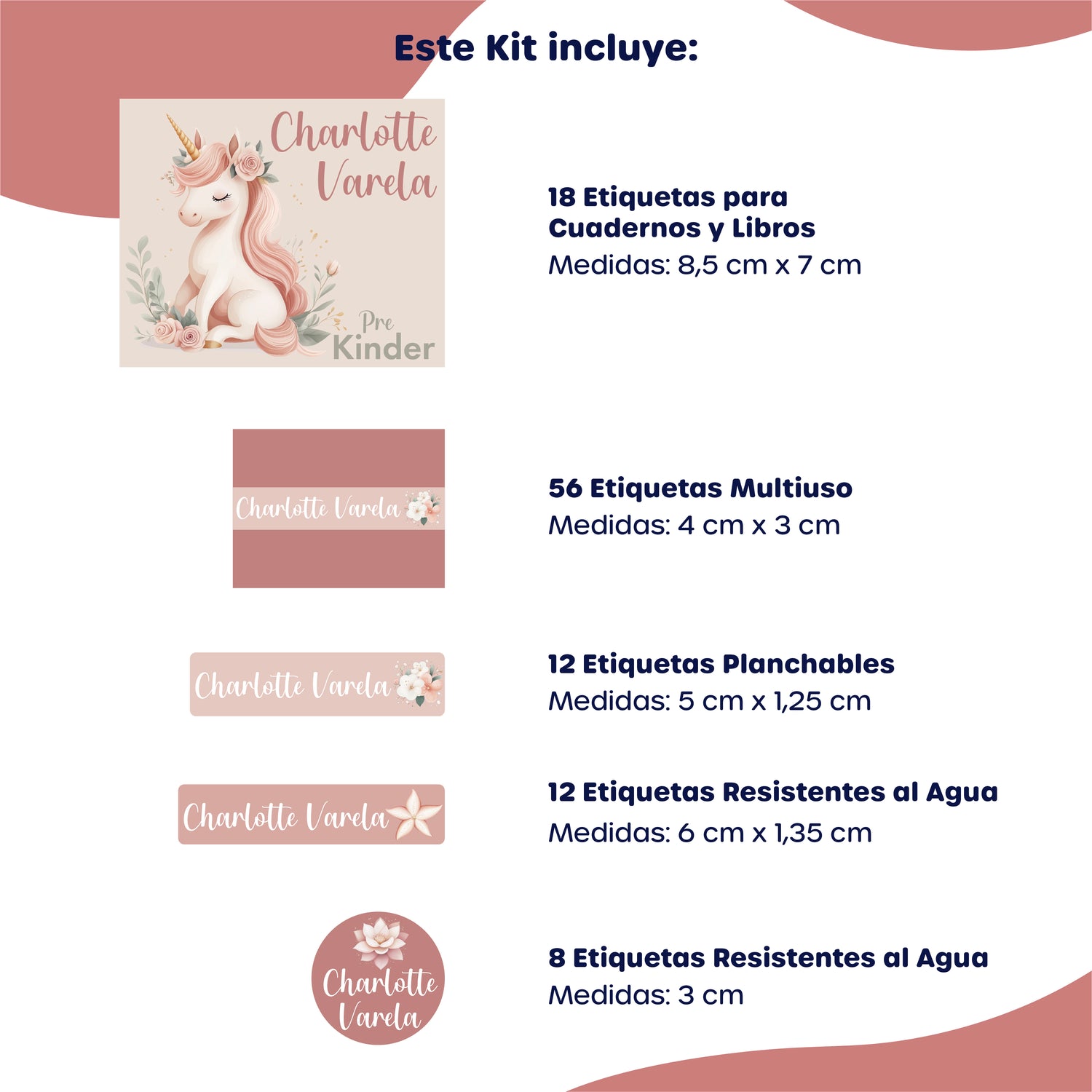 Kit de Identificación Escolar Personalizado - Flores y Unicornio