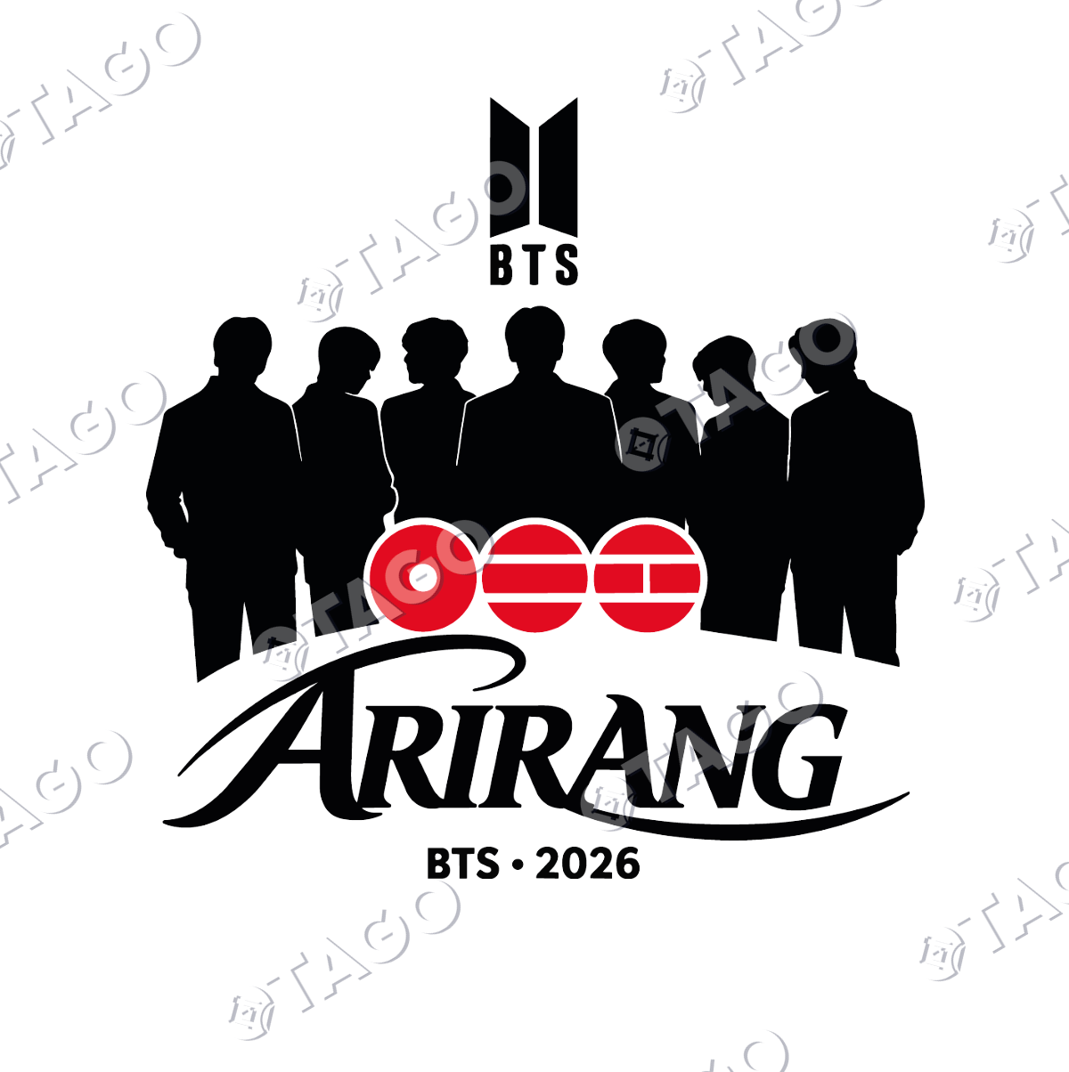 Diseño de polera Siluetas Arirang: logo BTS, las siluetas de los siete integrantes, los tres círculos Arirang y BTS · 2026