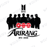 Diseño de polera Siluetas Arirang: logo BTS, las siluetas de los siete integrantes, los tres círculos Arirang y BTS · 2026