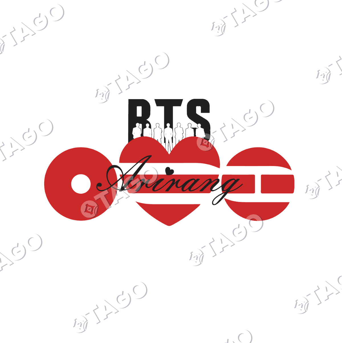 Diseño de polera Arirang corazón: BTS con las siete siluetas pequeñas, un corazón rojo grande, Arirang en letra manuscrita y los círculos