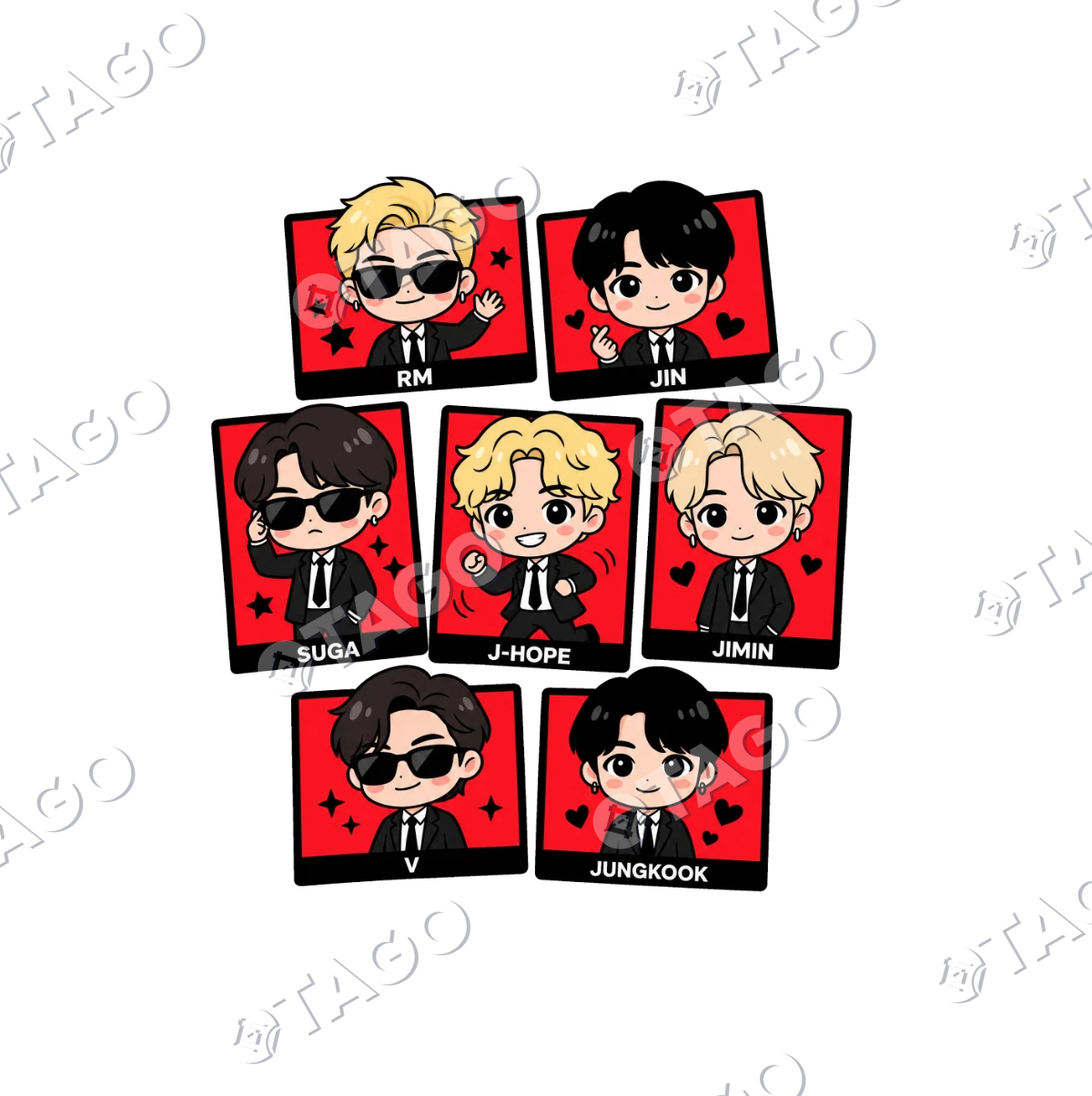 Diseño de polera Chibis: los siete integrantes en versión chibi con traje negro sobre tarjetas rojas, RM, Jin, Suga, J-Hope, Jimin, V y Jungkook