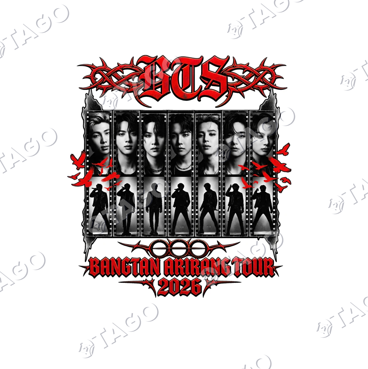 Diseño de polera Arirang Tour: BTS en letras góticas rojas, la tira de fotos de los siete integrantes y Bangtan Arirang Tour 2026