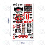Lámina de Transfer DTF Textil de 58 × 100 cm con los diseños del Arirang World Tour 2026 de BTS: logos, siluetas del grupo, los siete integrantes en caricatura, retratos y firmas