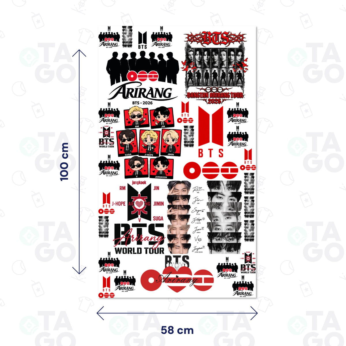 Lámina de Transfer DTF Textil de 58 × 100 cm con los diseños del Arirang World Tour 2026 de BTS: logos, siluetas del grupo, los siete integrantes en caricatura, retratos y firmas
