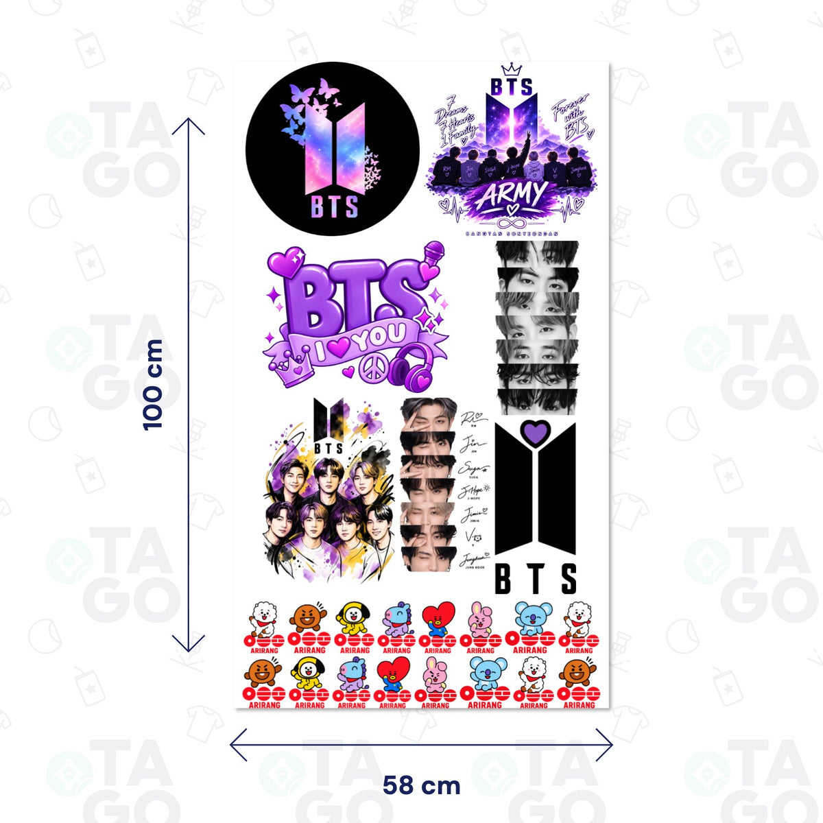 Lámina de Transfer DTF Textil de 58 × 100 cm con diseños de BTS en morado: logo con mariposas, Army, BTS I love you, retratos, firmas y los personajes BT21