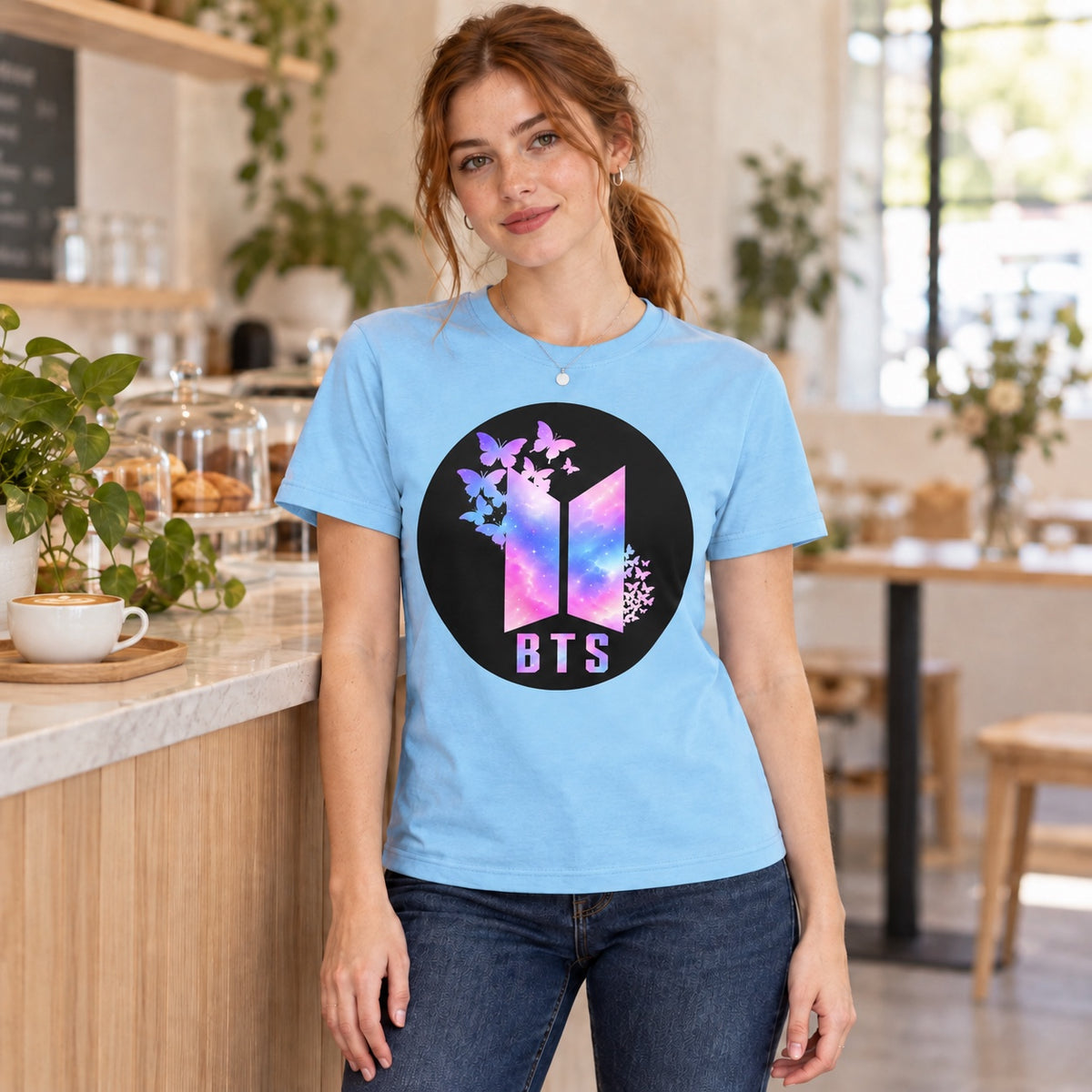 Polera celeste con el logo de BTS con mariposas en un círculo negro, estampado con la lámina BTS Army