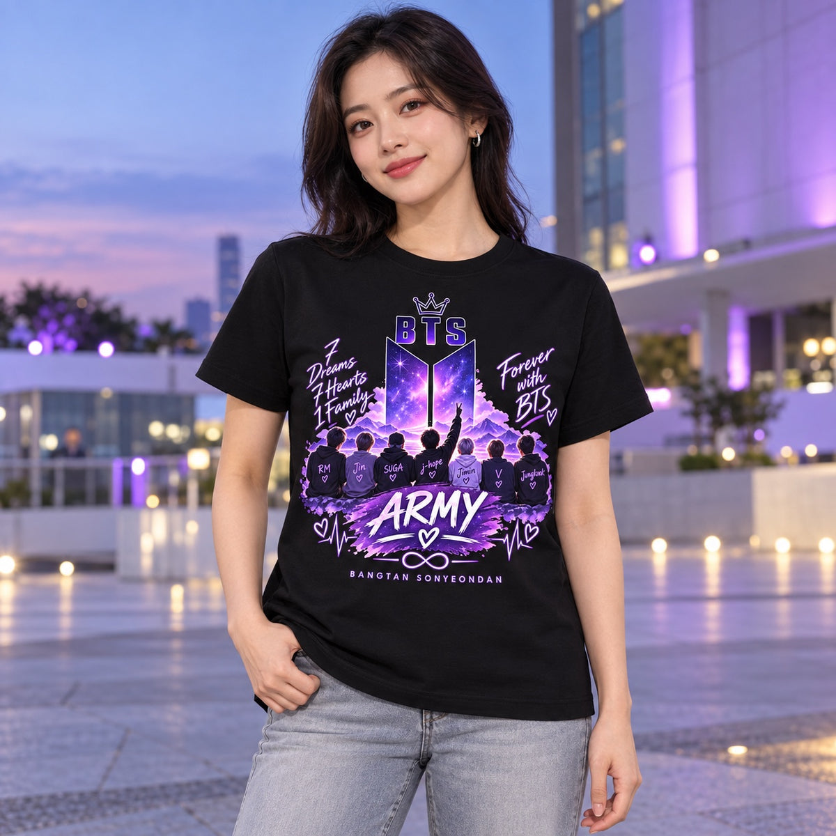 Polera negra con el diseño Army de BTS: 7 dreams, 7 hearts, 1 family, estampado con la lámina BTS Army, en una plaza al atardecer