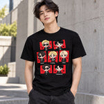 Polera negra con los siete integrantes de BTS en versión caricatura, estampados con la lámina BTS Arirang