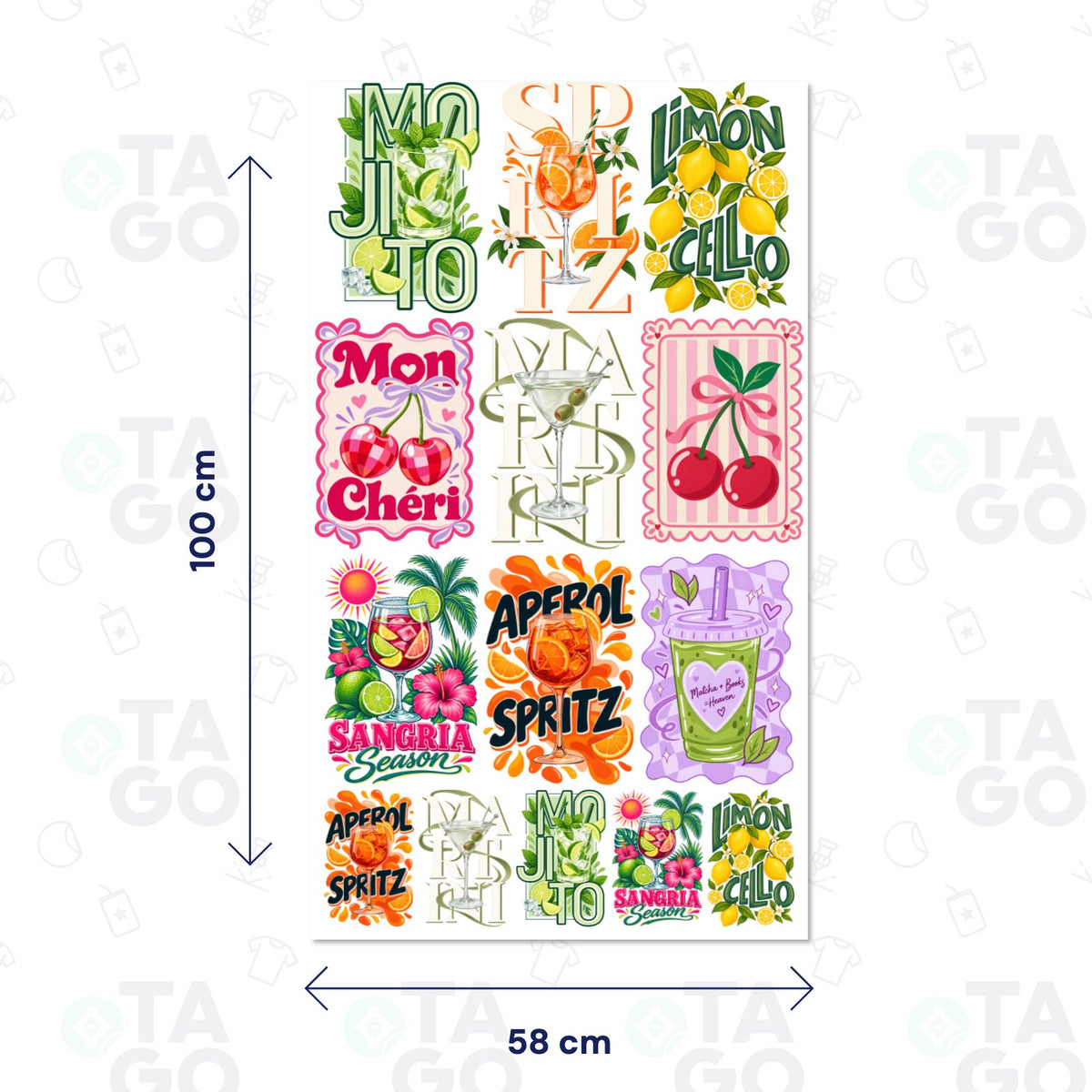 Lámina de Transfer Textil de 58 × 100 cm con diseños de cócteles: Mojito, Spritz, Limoncello, Mon Chéri, Martini, cerezas, Sangria Season, Aperol Spritz y matcha