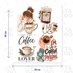 Lámina de Transfer Textil 58 × 50 cm con cuatro diseños de café y frases de amantes del café