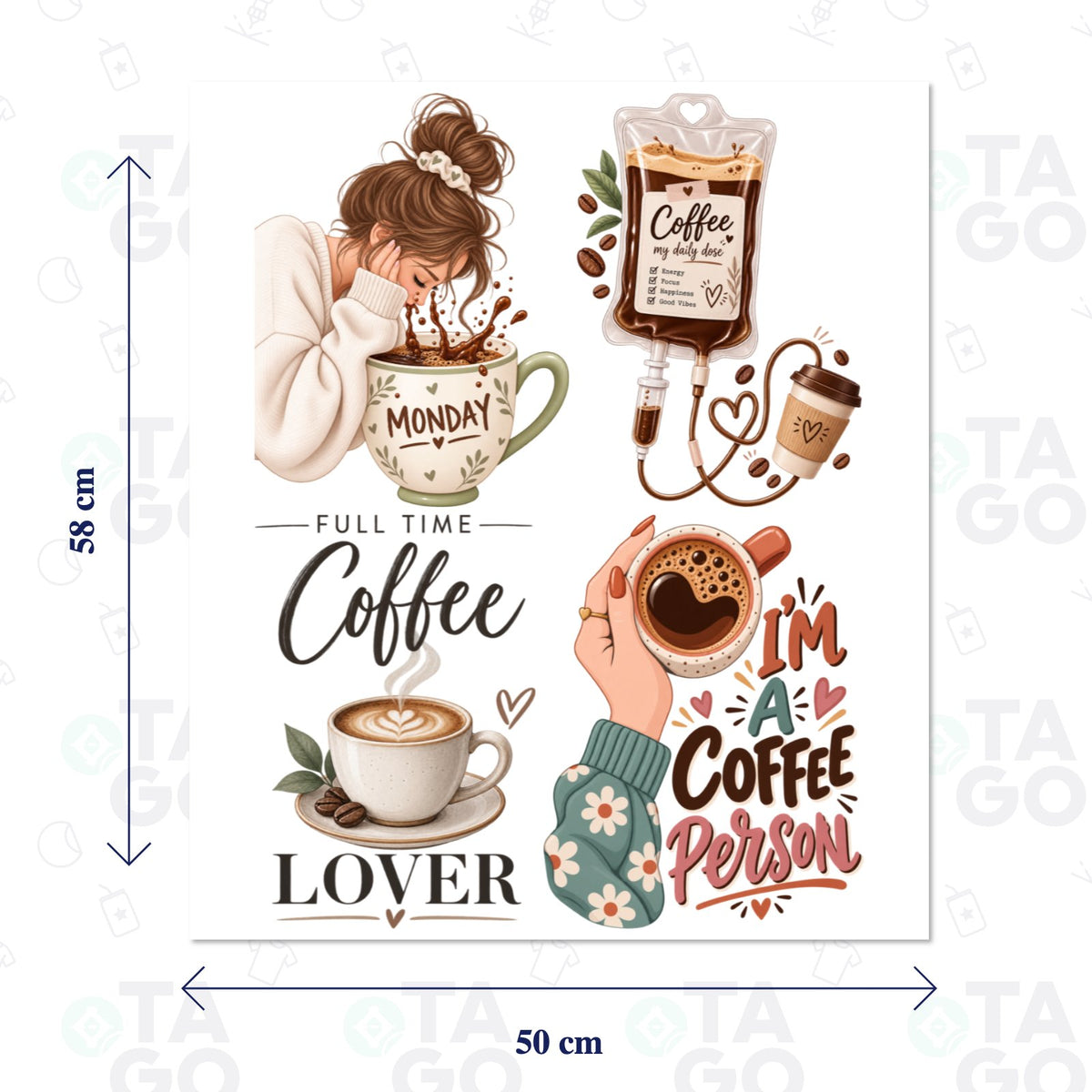 Lámina de Transfer Textil 58 × 50 cm con cuatro diseños de café y frases de amantes del café