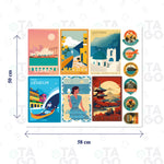 Lámina de Transfer Textil 58 × 50 cm con postales de viaje y parches de aventura