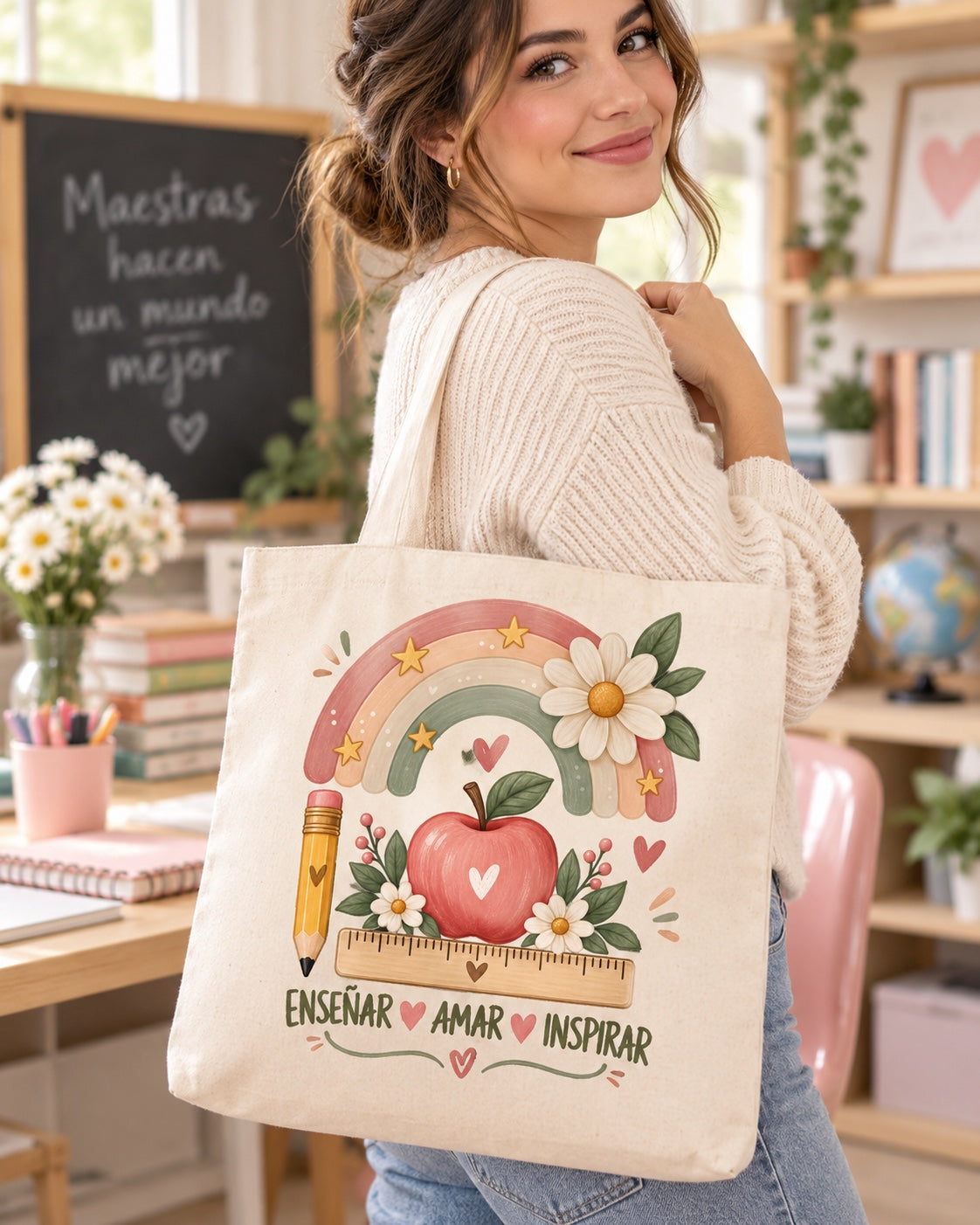 Bolsa tote con el arcoíris, la manzana, el lápiz y la regla sobre Enseñar, Amar, Inspirar, de la lámina de un metro del Día del Profesor