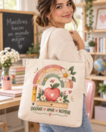 Bolsa tote con el arcoíris, la manzana, el lápiz y la regla sobre Enseñar, Amar, Inspirar, de la lámina de un metro del Día del Profesor