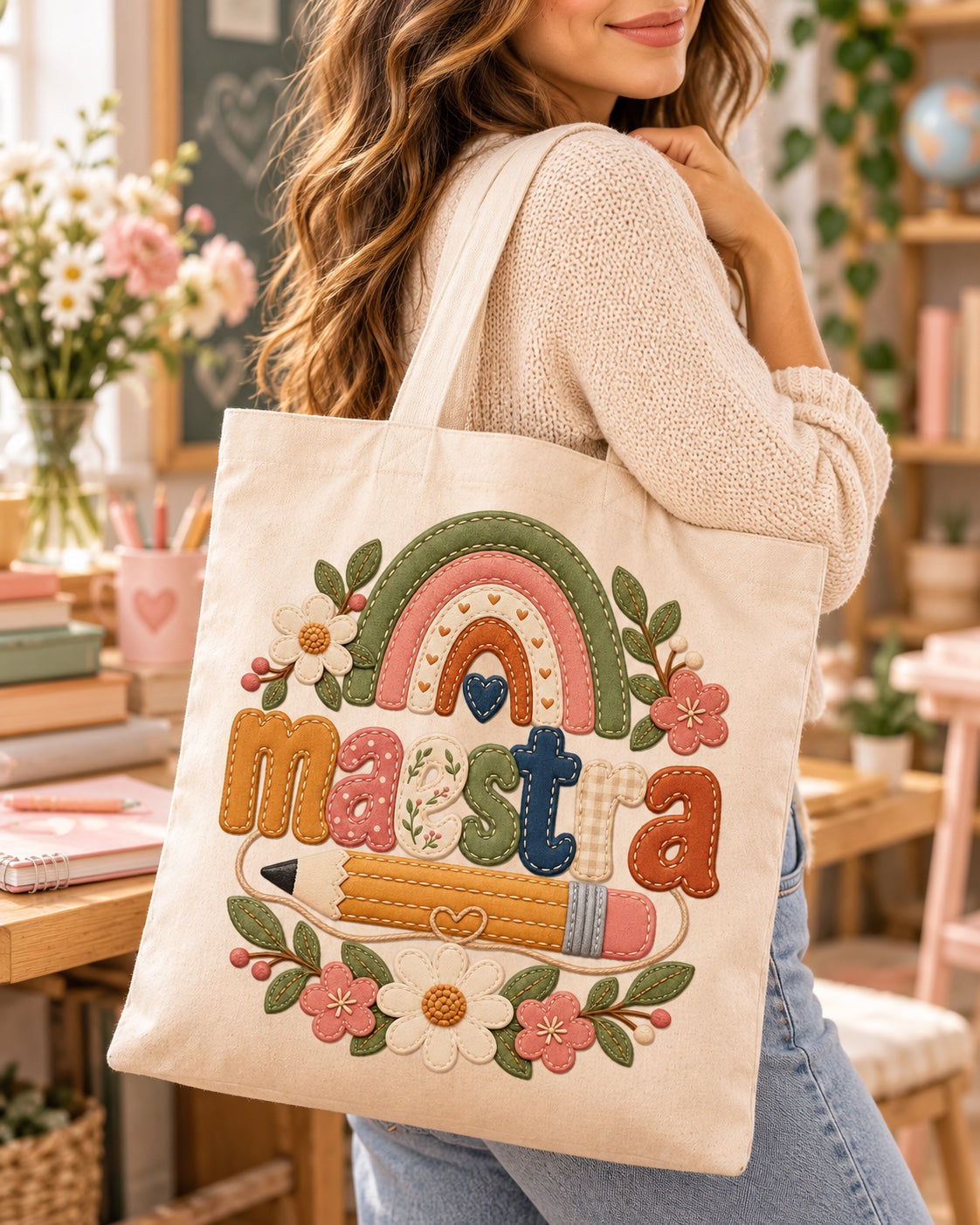 Bolsa tote con la palabra Maestra en letras bordadas, arcoíris de fieltro, lápiz y flores, de la lámina de un metro del Día del Profesor