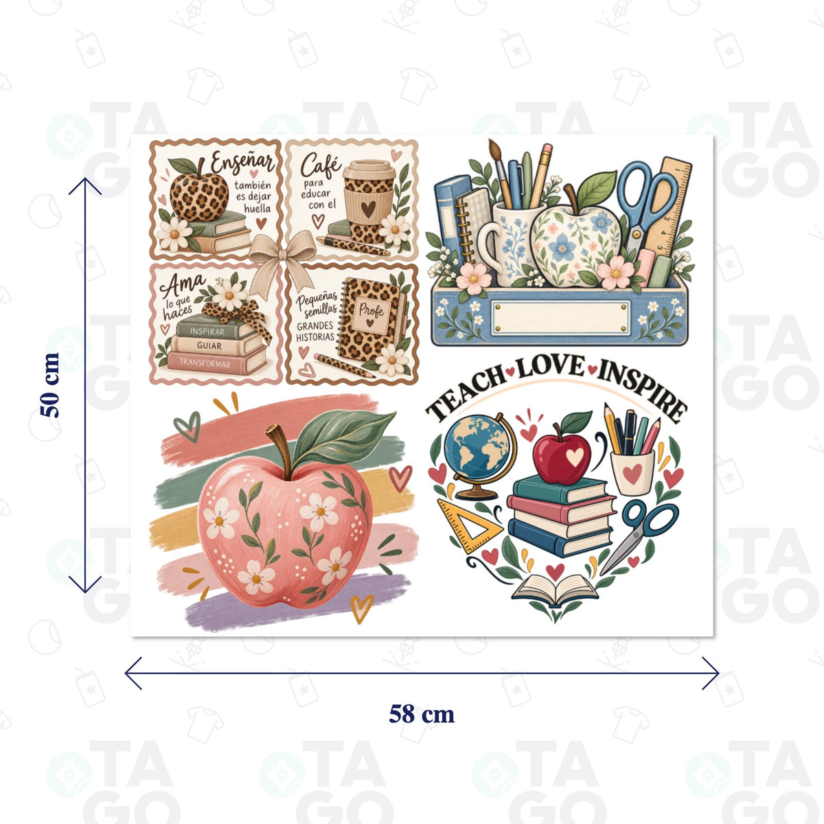 Lámina de Transfer Textil 58 × 50 cm con cuatro diseños del Día del Profesor: estampillas con frases, caja de escritorio con manzana floreada, manzana rosada con flores y Teach Love Inspire
