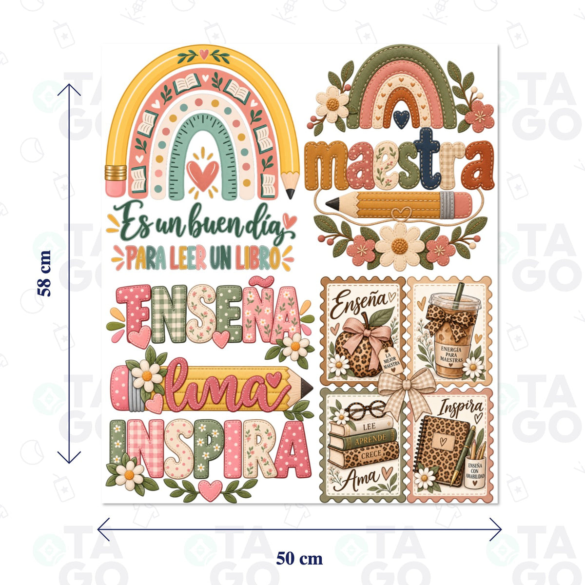 Lámina de Transfer Textil 58 × 50 cm con cuatro diseños del Día del Profesor: arcoíris con lápiz y libros, Maestra bordada, Enseña Ama Inspira y estampillas con manzana, café, libros y cuaderno