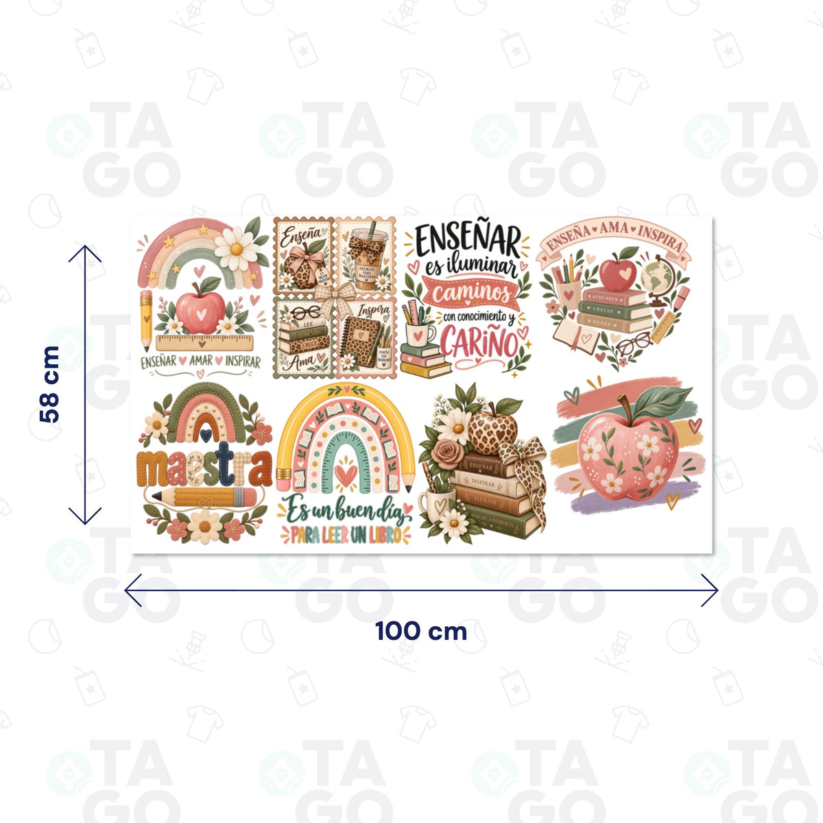Lámina de Transfer Textil de 100 × 58 cm con ocho diseños del Día del Profesor: arcoíris, estampillas, frases, Maestra bordada, pila de libros y manzana floreada