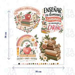 Lámina de Transfer Textil 58 × 50 cm con cuatro diseños del Día del Profesor: corazón Enseña Ama Inspira, frase Enseñar es iluminar caminos, arcoíris con manzana y pila de libros