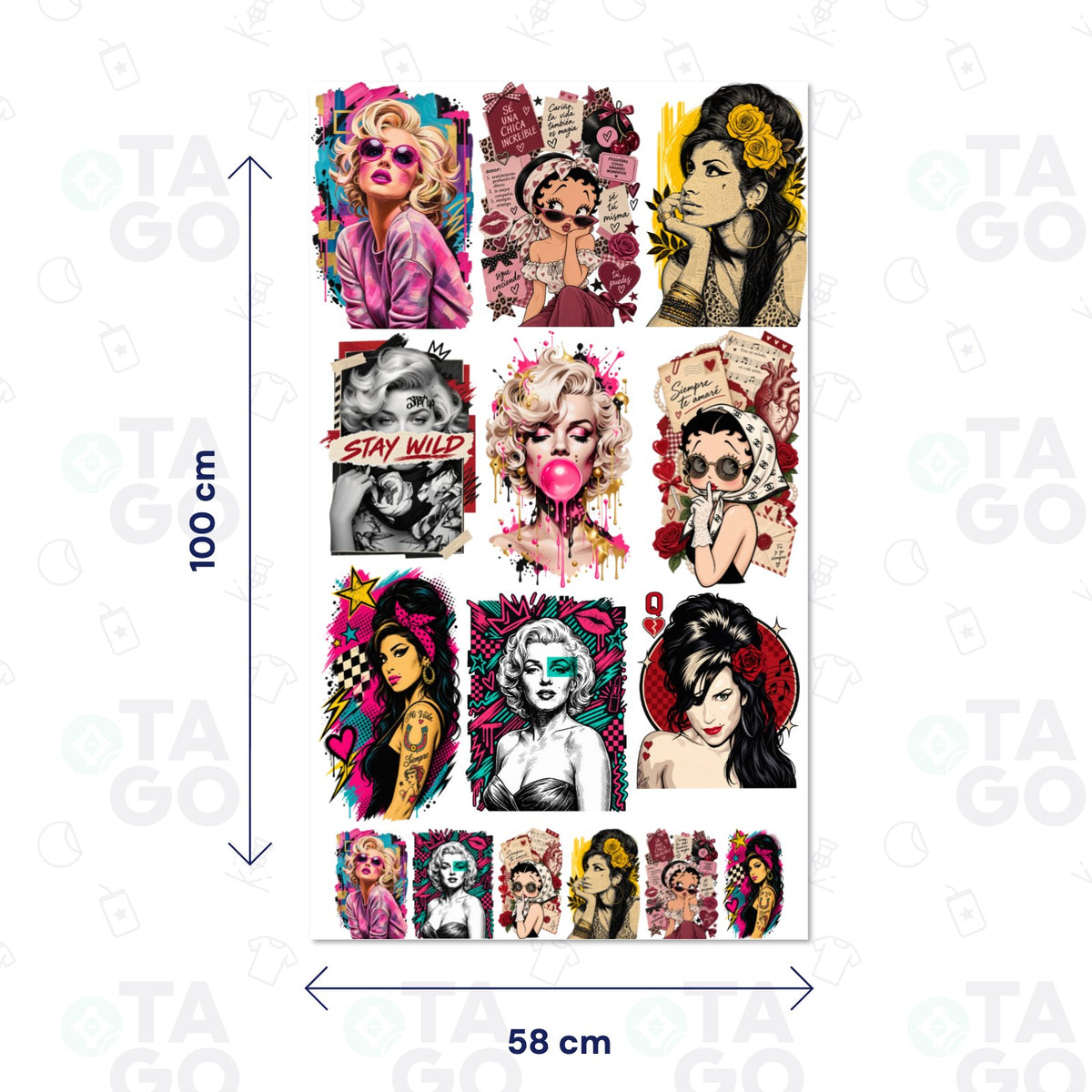 Lámina de Transfer Textil de 58 × 100 cm con nueve retratos de divas: Marilyn Monroe, Betty Boop y Amy Winehouse en estilo pop