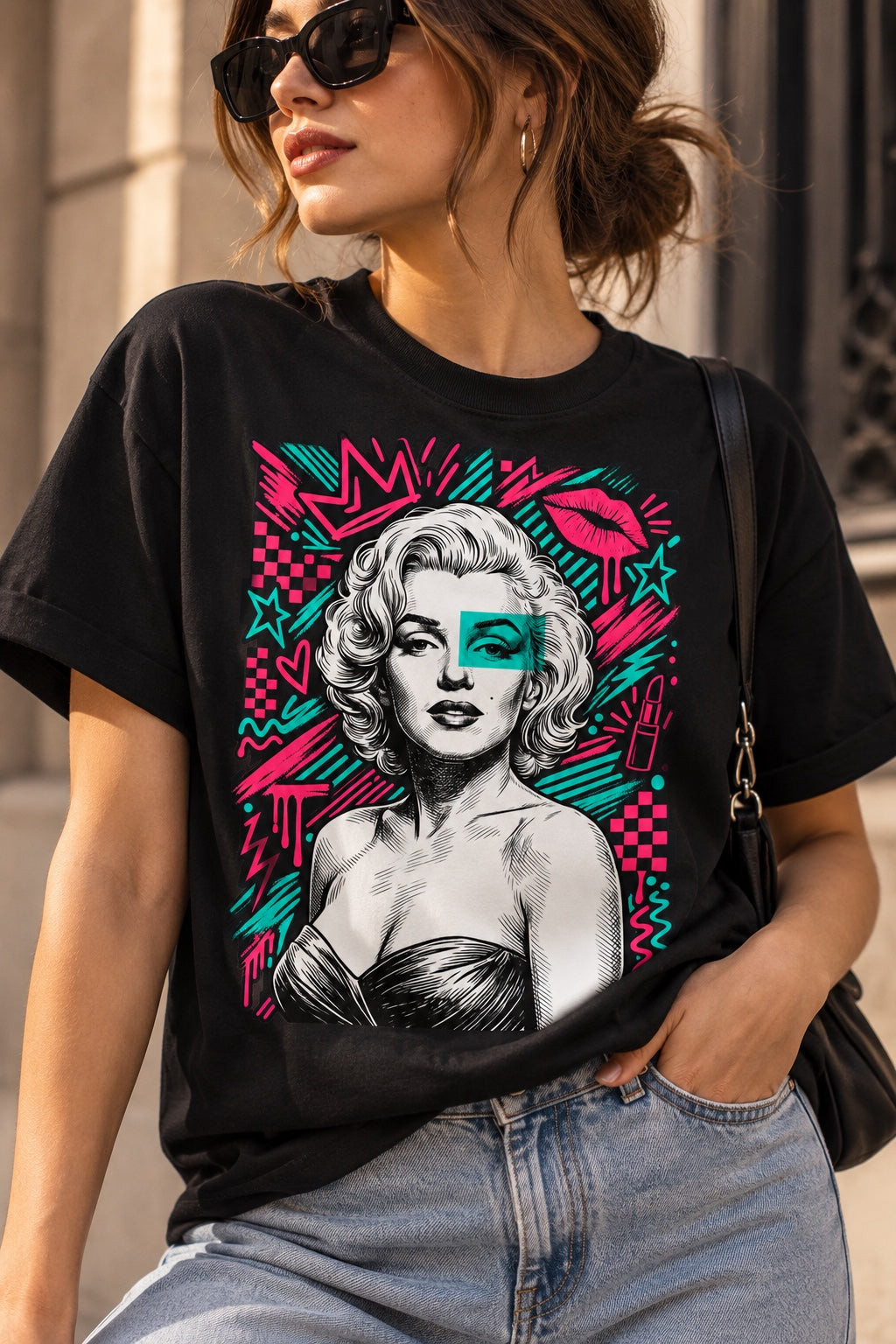 Polera negra con el retrato pop de Marilyn Monroe en rosado y turquesa