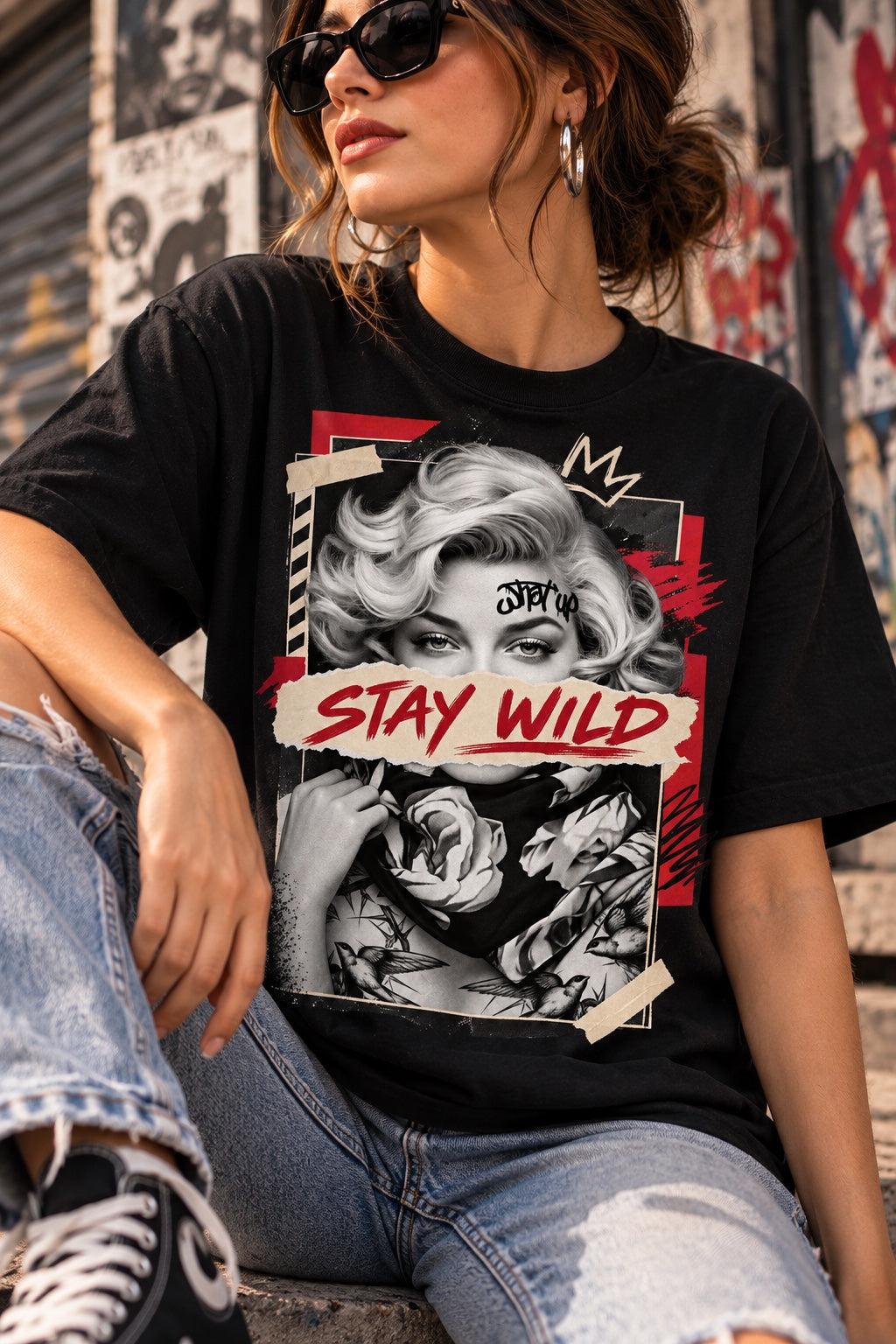Polera negra con el retrato de Marilyn Monroe en blanco y negro y la frase Stay Wild