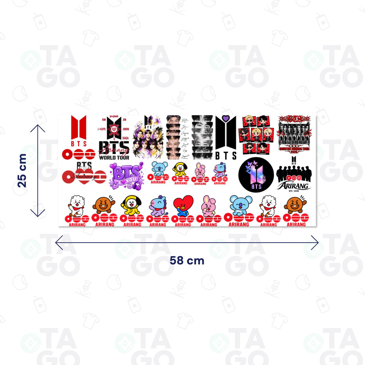 Lámina DTF UV de 58 × 25 cm con stickers de BTS: logos de BTS y Arirang, los siete integrantes en caricatura, retratos, firmas y los personajes BT21