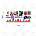 Lámina DTF UV de 58 × 25 cm con stickers de BTS: logos de BTS y Arirang, los siete integrantes en caricatura, retratos, firmas y los personajes BT21