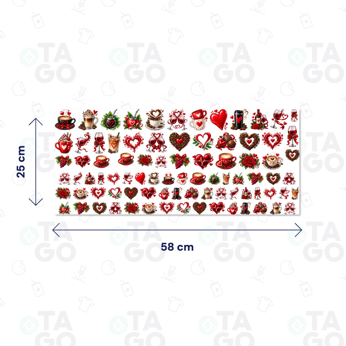 Lámina DTF UV de 58 × 25 cm con más de 70 stickers de café y vino: tazas con corazones, copas, corazones de granos de café, rosas y uvas