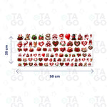 Lámina DTF UV de 58 × 25 cm con más de 70 stickers de café y vino: tazas con corazones, copas, corazones de granos de café, rosas y uvas