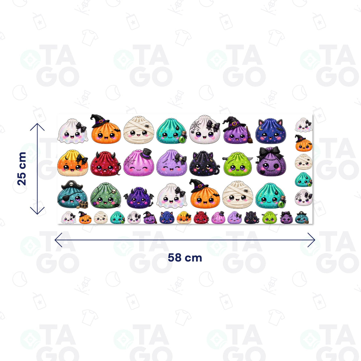 Lámina DTF UV de 58 × 25 cm con stickers de dumplings de Halloween con carita y brillo: fantasma, bruja, gato negro, calabaza, momia y Frankenstein