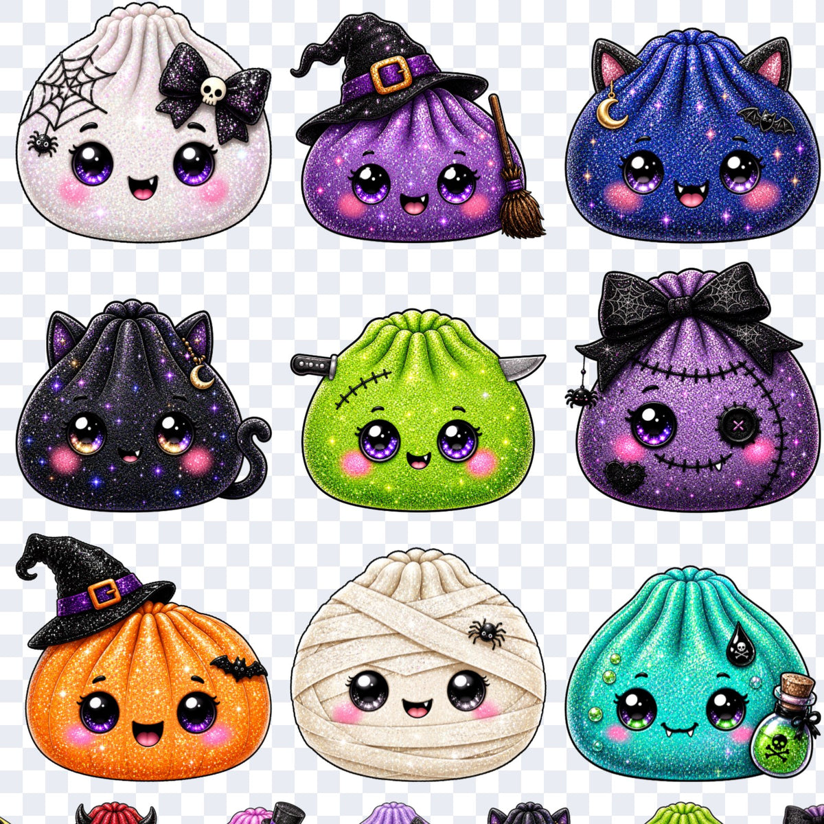Acercamiento de nueve dumplings de la lámina Dumplings de Halloween: fantasma, bruja, gato negro, calabaza, momia y Frankenstein