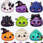 Acercamiento de nueve dumplings de la lámina Dumplings de Halloween: fantasma, bruja, gato negro, calabaza, momia y Frankenstein