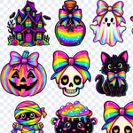 Acercamiento de la lámina Halloween Neón: casa embrujada, poción, fantasmita, calabaza y calavera con lazo, gato negro, momia y caldero en neón