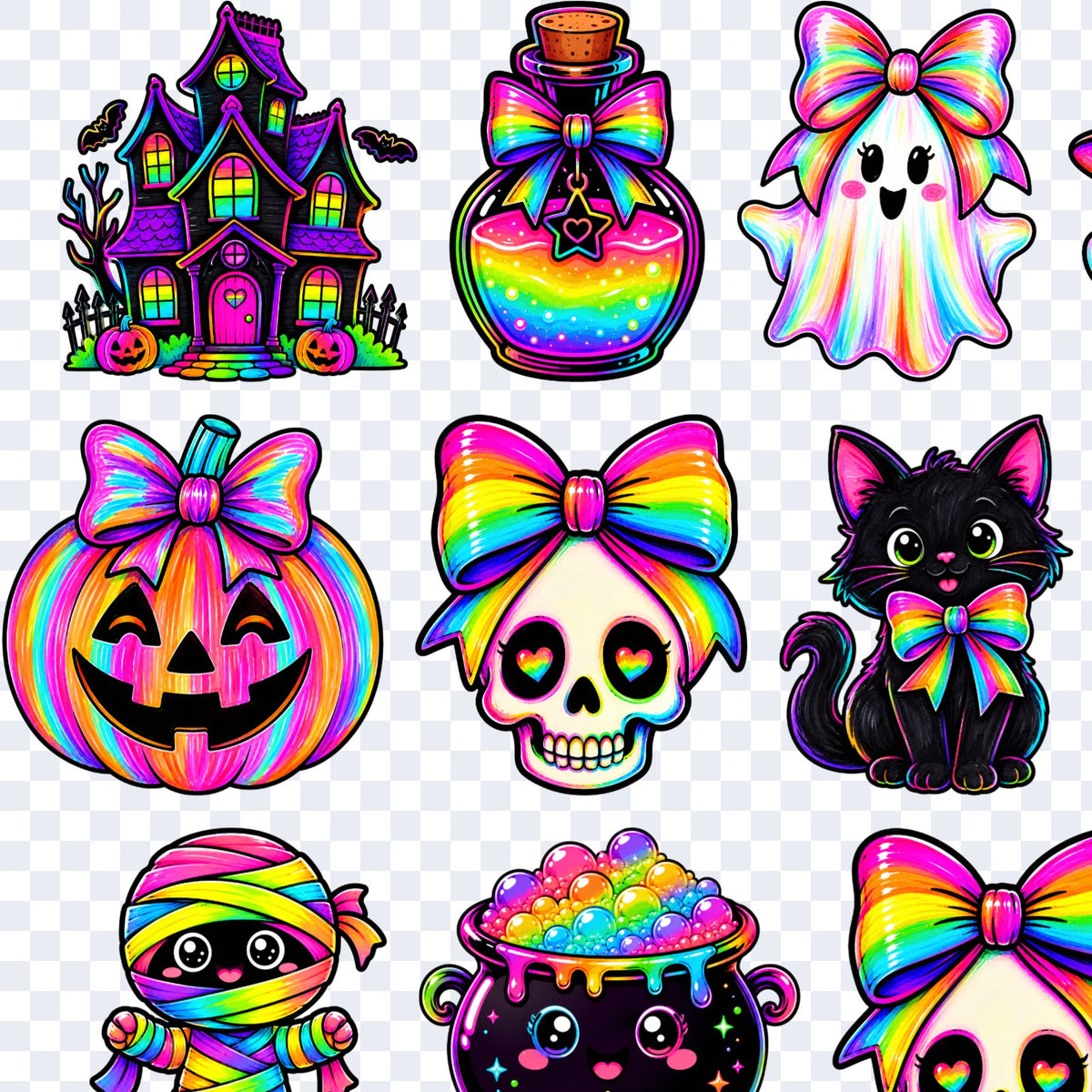 Acercamiento de la lámina Halloween Neón: casa embrujada, poción, fantasmita, calabaza y calavera con lazo, gato negro, momia y caldero en neón