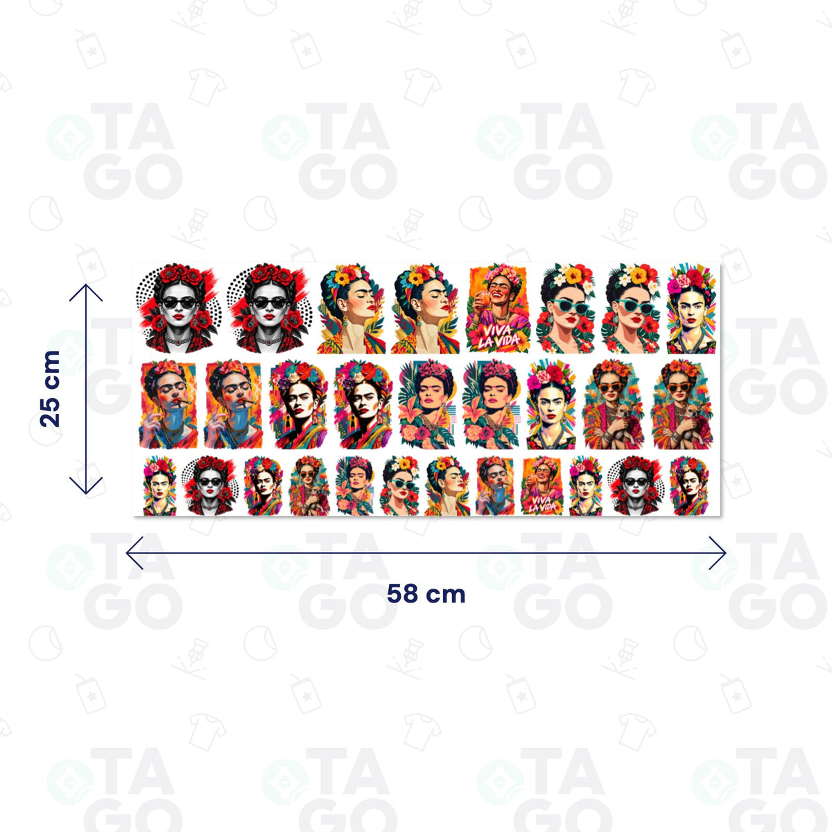 Lámina DTF UV de 58 × 25 cm con los retratos pop de Frida Kahlo repetidos en varios tamaños