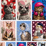 Acercamiento de la lámina DTF UV Gatos con estilo: gatos grises con lentes rojos y rosados, gato con jockey MEOW y audífonos, calicó con pañuelo de lunares, gato con pañuelo celeste y gato con boina tomando café