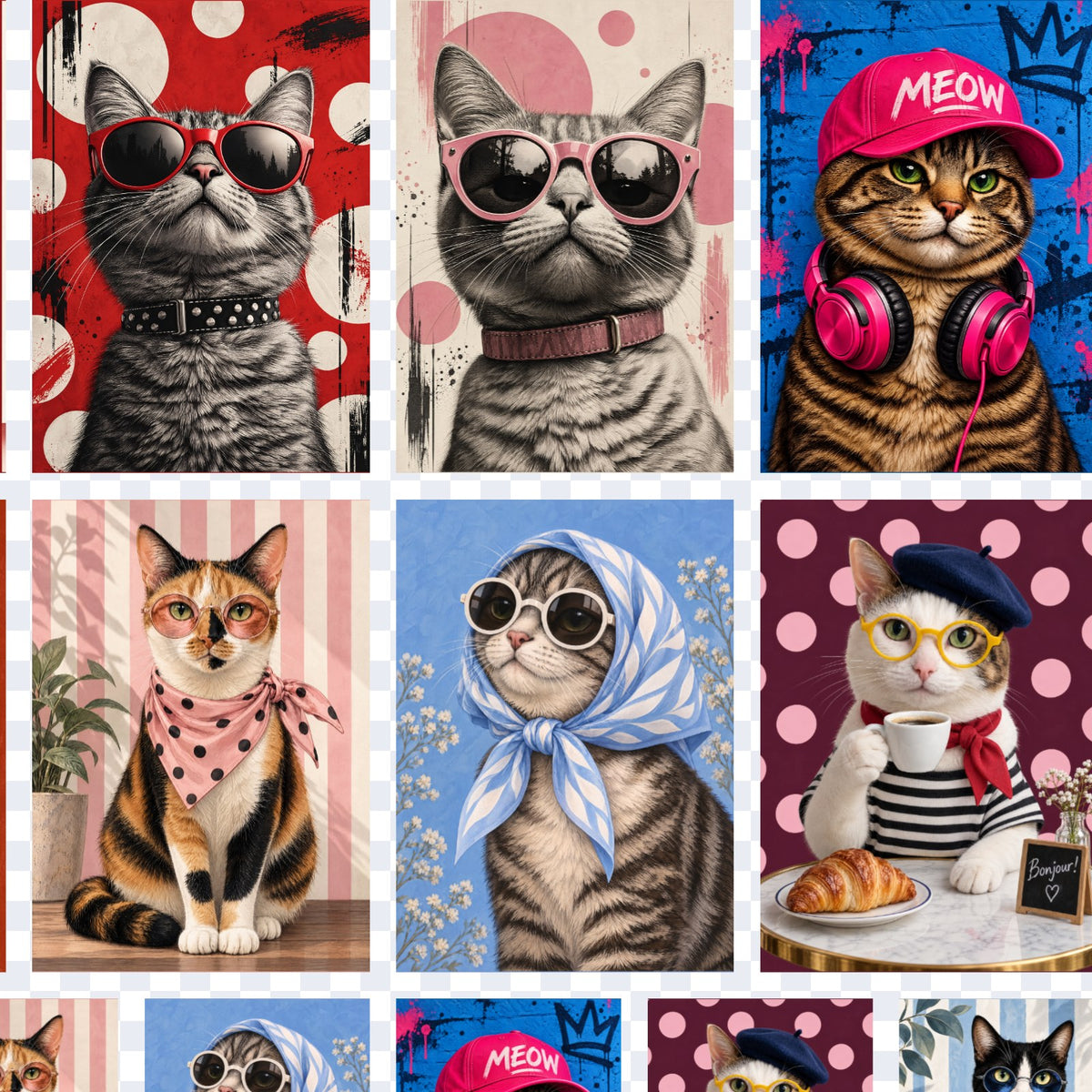 Acercamiento de la lámina DTF UV Gatos con estilo: gatos grises con lentes rojos y rosados, gato con jockey MEOW y audífonos, calicó con pañuelo de lunares, gato con pañuelo celeste y gato con boina tomando café