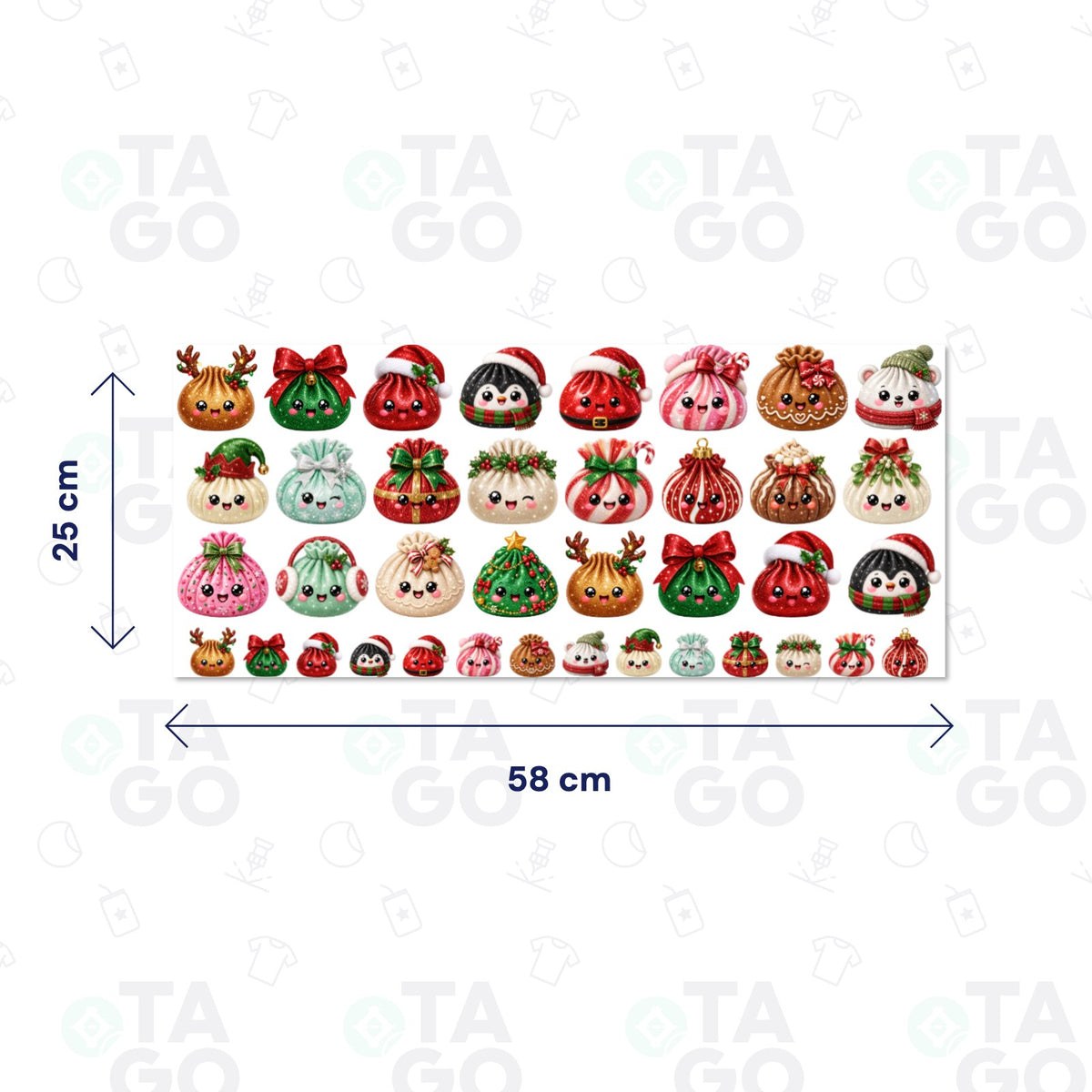 Lámina DTF UV de 58 × 25 cm con stickers de dumplings navideños con carita y brillo: Papá Noel, pingüino, reno, árbol y galleta de jengibre