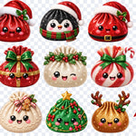 Acercamiento de nueve dumplings de la lámina Dumplings navideños: Papá Noel, pingüino, reno, árbol y galleta de jengibre