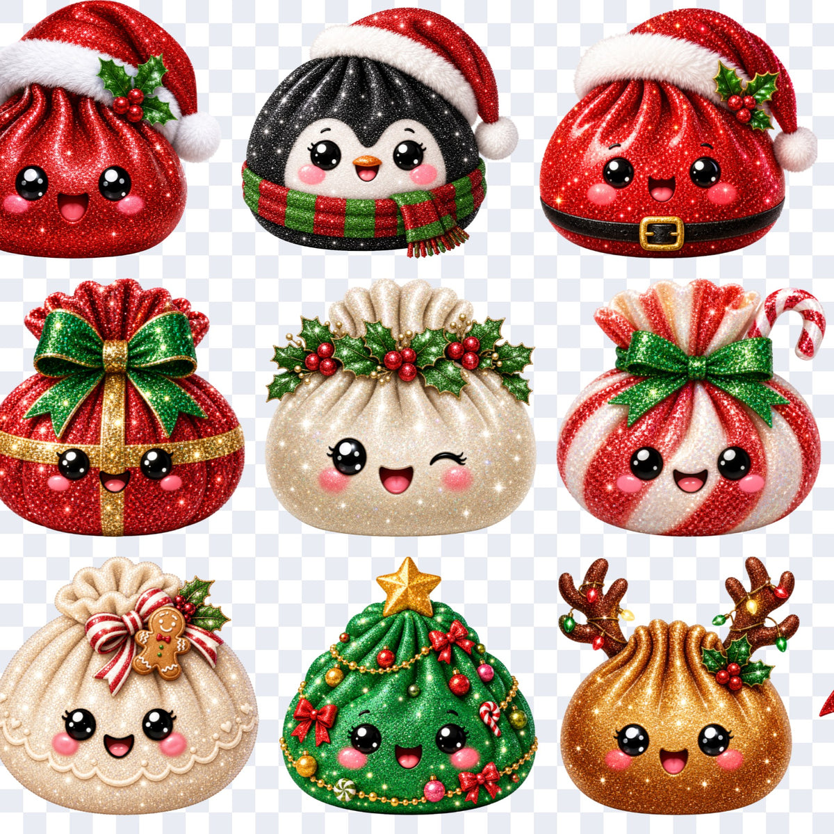 Acercamiento de nueve dumplings de la lámina Dumplings navideños: Papá Noel, pingüino, reno, árbol y galleta de jengibre