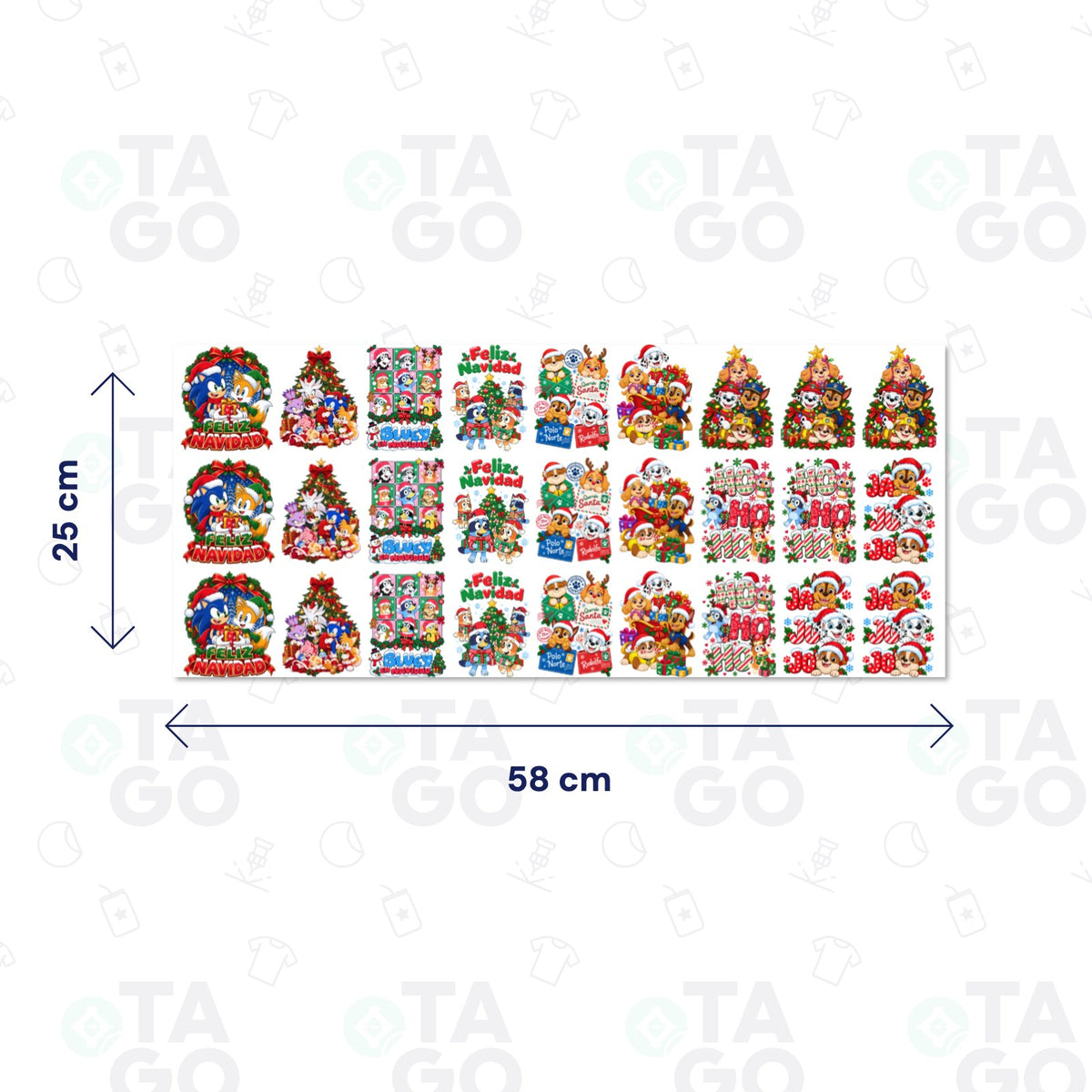 Lámina DTF UV de 58 × 25 cm con stickers navideños de personajes animados: Sonic y sus amigos, Bluey en Navidad, cachorros rescatistas, HO HO HO y JA JU JO, en tres filas de nueve