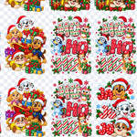 Acercamiento de la lámina DTF UV Navidad Personajes: cachorros rescatistas con regalos, HO HO HO con Bluey y Bingo, y JA JU JO con tres cachorros