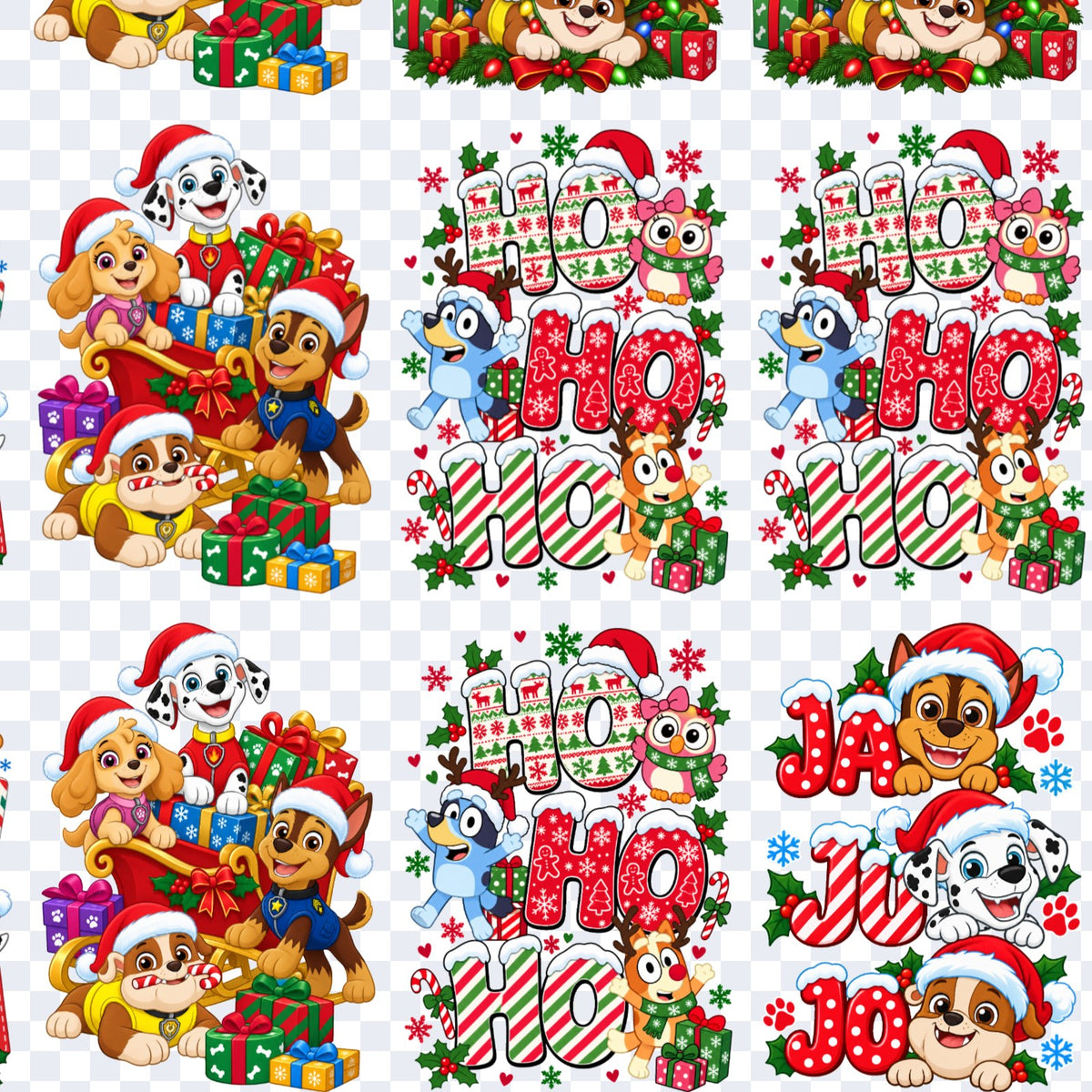 Acercamiento de la lámina DTF UV Navidad Personajes: cachorros rescatistas con regalos, HO HO HO con Bluey y Bingo, y JA JU JO con tres cachorros