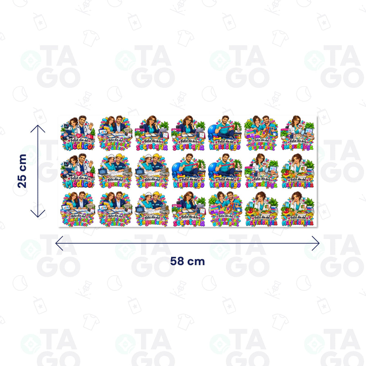 Lámina DTF UV de 58 × 25 cm con 21 stickers de Feliz día para ocho profesiones: medicina, administración pública, secretariado, kinesiología, terapia ocupacional, fonoaudiología, ingeniería y nutrición