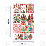 Lámina de Transfer DTF Textil de 58 × 100 cm con nueve diseños de letras Feliz Navidad en rosado, verde, rojo y dorado, con cascanueces, galletas de jengibre, árboles y flores de Pascua, más cuatro repetidos en tamaño pequeño